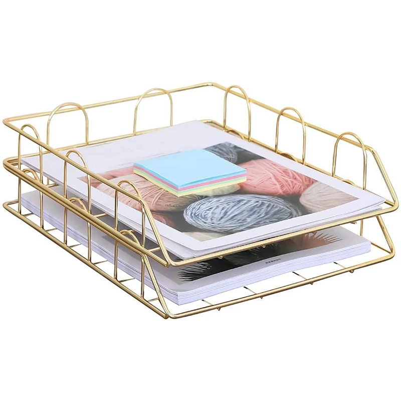 

Gold Metal Document Tray Office Organizer Layered Paper Storage Paper Tray Desk Accessories azine Rack Manual Cover