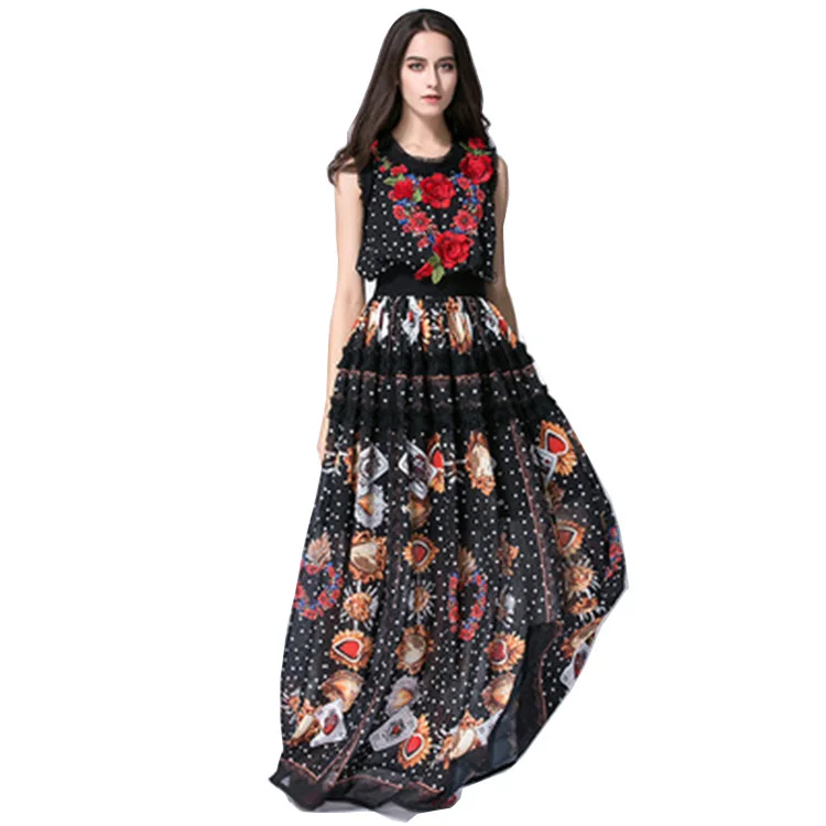 

2021 spring new long women's printed sleeveless dress elegant lace