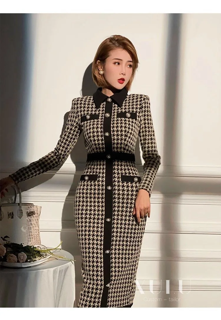 Женское платье-миди с принтом гусиные лапки