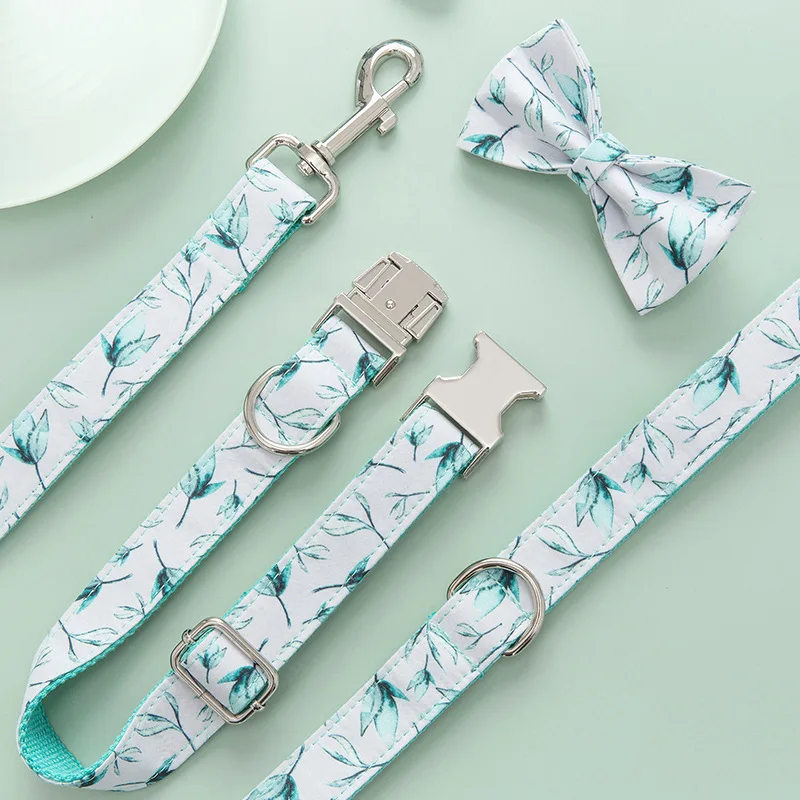 

Dog Collar and Leash Set with Bow Tie Pretty Tropical Leaves Metal Buckle Big and Small Dog&Cat Collar Pet Accessories