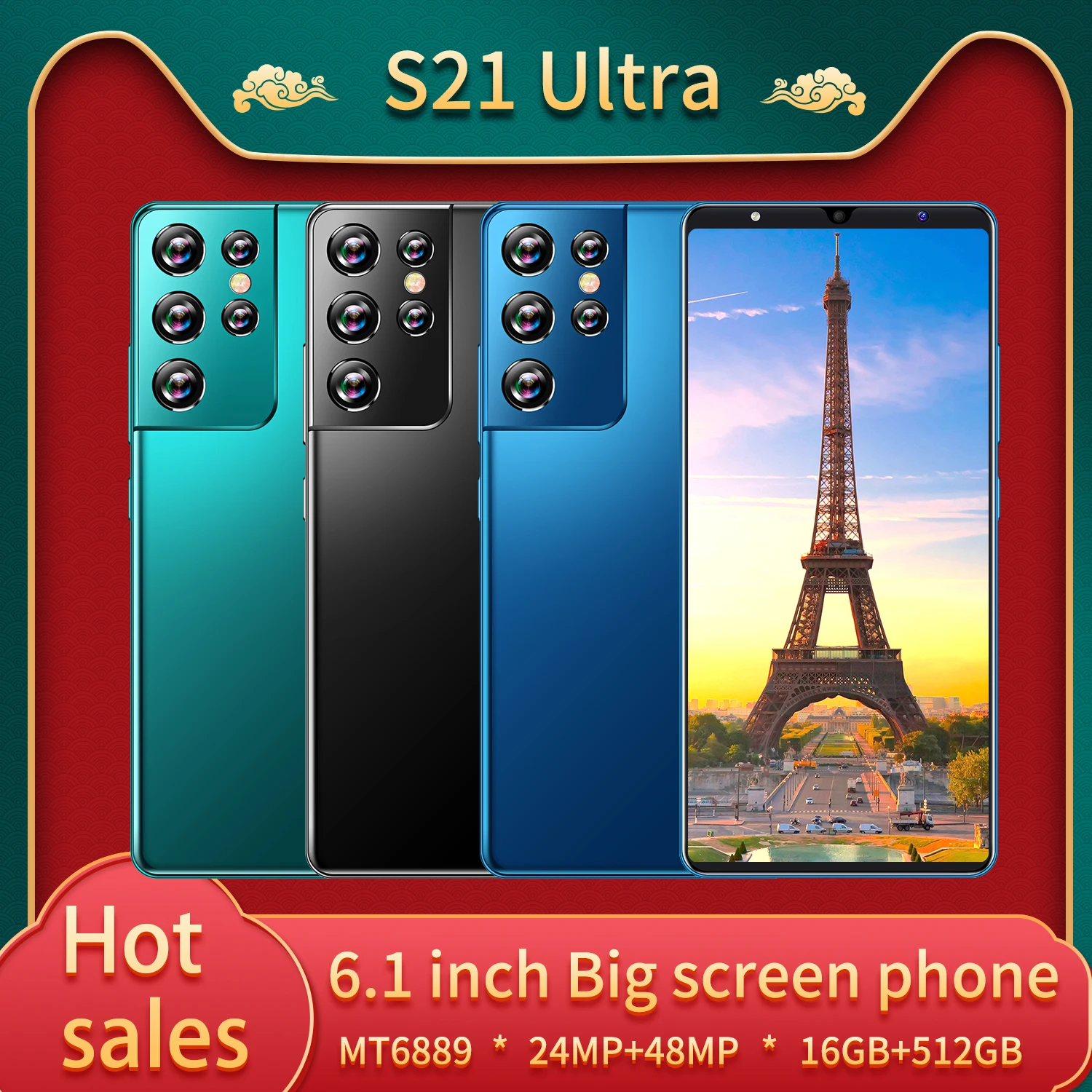 

S21 Ultra Smartphone 6.1Inch 16+512GB 5000mAh Android 11 Dual SIM Dual Standby Support Face Wake Global Version 5G CellPhone