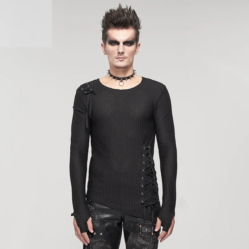 European And American Punk Rock Style Perspective Grid Material Shoulder Hem Rope Men's Sexy T-Shirt