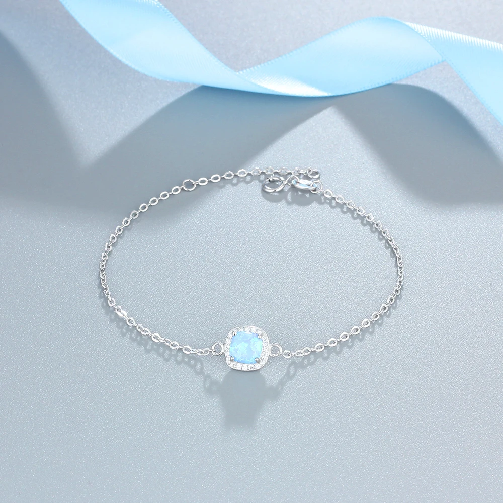 JewelOra 925 Sterling Silver Square Created Blue Opal Bracelets with Cubic Zirconia Elegant Chain &amp Bangles for Women | Украшения и