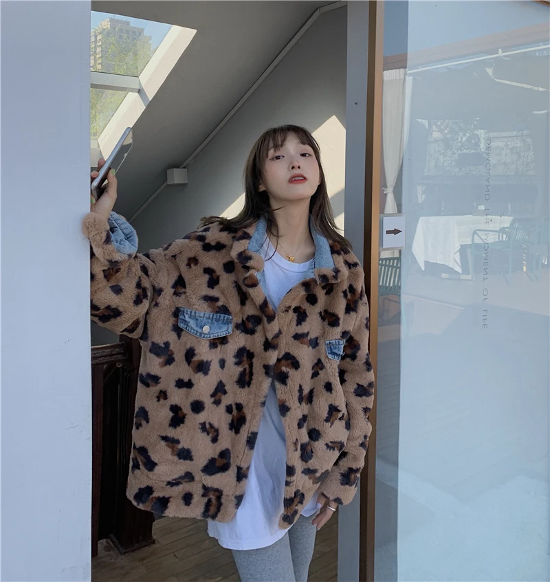 

Lucyever Thicken Plush Wear on Both Sides Jean Jacket Women Vintage Patchwork Leopard Faux Fur Coat Woman Casual Winter Jackets