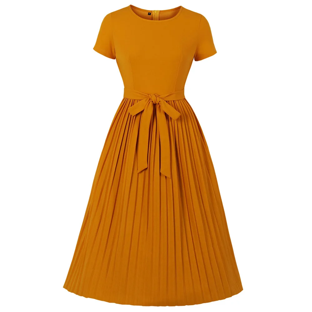 Wipalo Women Retro Dress 60s Audrey Hepburn Solid Color Belts Vintage Round Neck Short Sleeves Party Vestidos Femme Robe | Женская