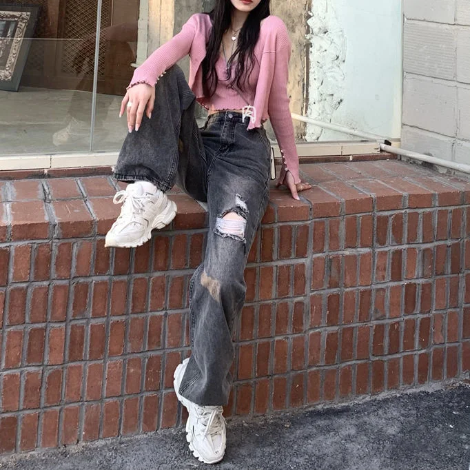 

Autumn Vintage BF hole straight jeans women's net red high waist versatile loose thin wide legged floor pants