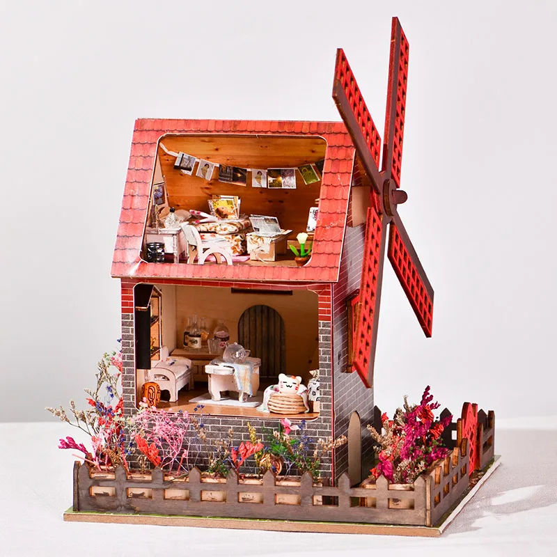 

Mini House Diy Dollhouse Kit Miniature Building Assemble Creativity Windmill Room Box Wooden Doll House Furniture Kids Toys Gift
