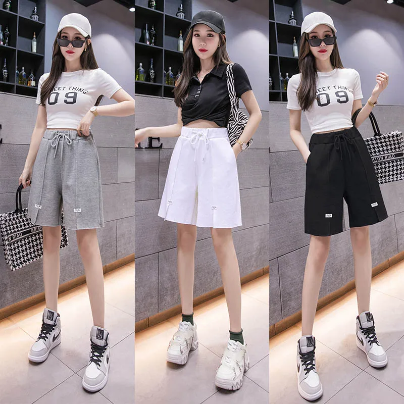 

Summer New High Waist Sport Shorts Women Casual Loose Wide Leg Shorts Straight Knee Length Slit Hem Short Sweatpants short femme