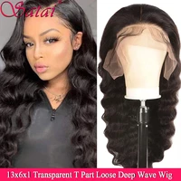 loose deep wave wig transparent t part lace frontal wig curly human hair wigs 180 density human hair wigs for black women