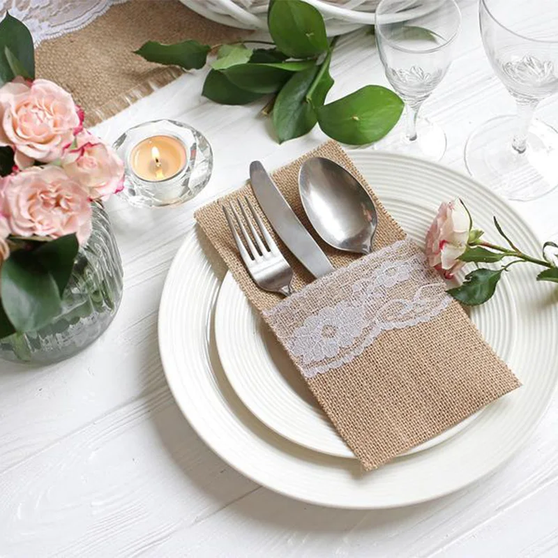 Мешочек из мешковины кружевной вилка нож столовые приборы винтажный в