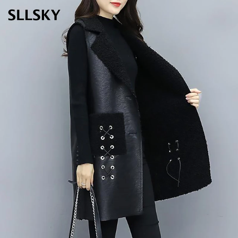 

SLLSKY Fashion Fur Leather Splice Women Vest Solid Oversize Long Loose Female Vest Hepburn Style Lamb Wool Ladies Waistcoat