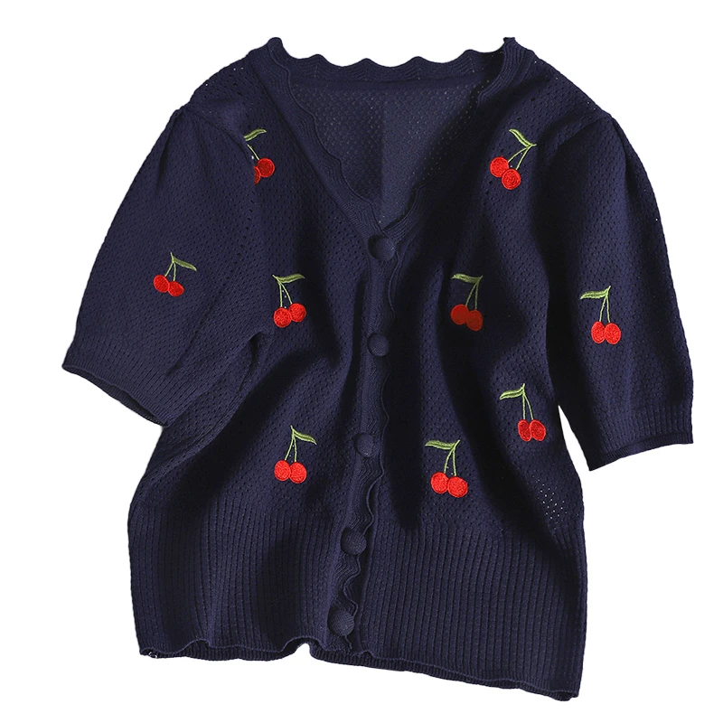

TVVOVVIN Blouses Knitted Embroirdered 2021 Summer V Neck Sweet Single Breasted Blusas Mujer Hollow Out Women Shirts Thin O26B