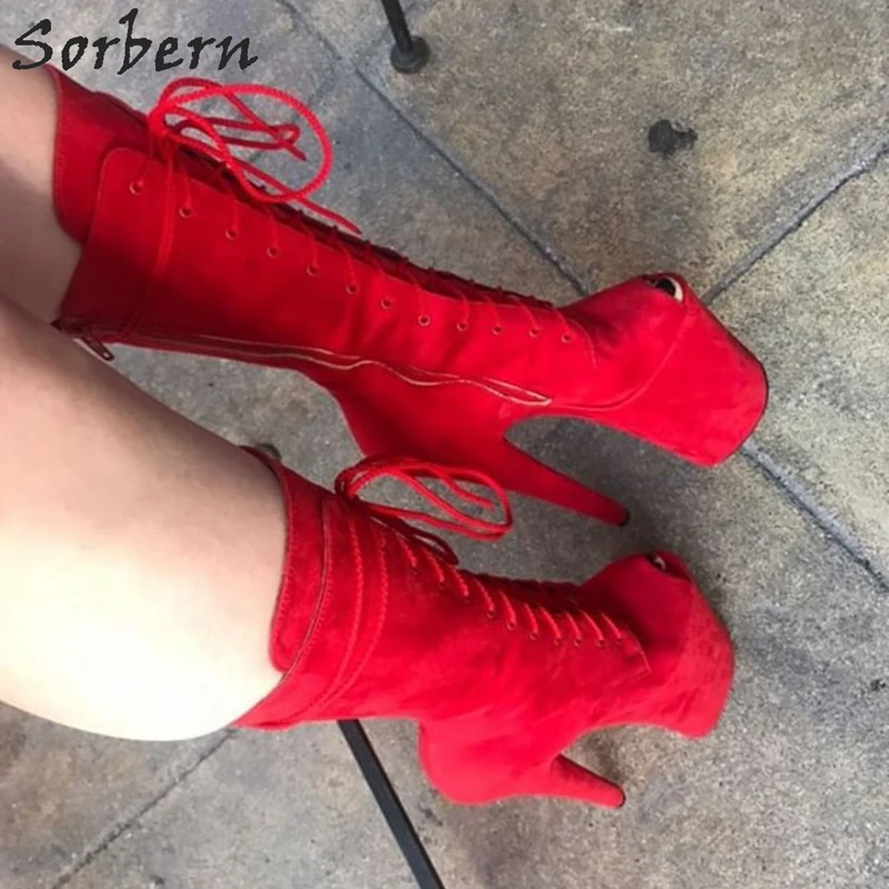 Sorbern/женские ботинки до середины икры с открытым носком на шнуровке женская обувь