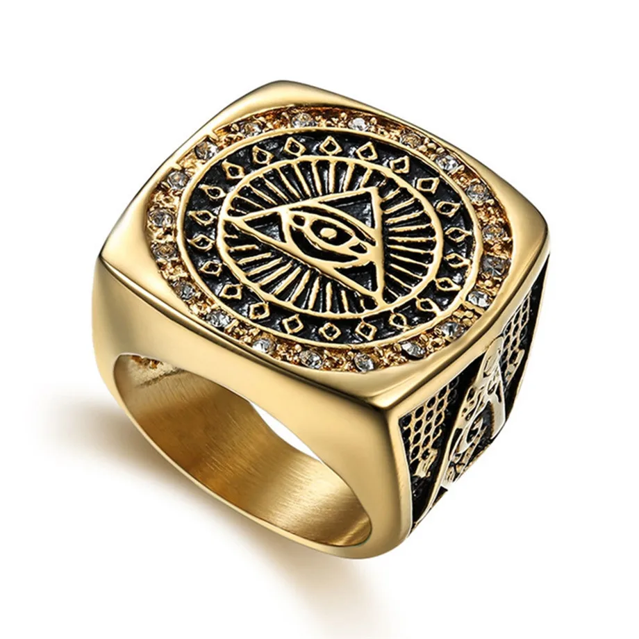 

Hip Hop Men's Iced Out Cubic Zirconia AG Masonic Ring 316L Stainless Steel Gold Color God Eye Rings For Men Jewlery Dropshippin