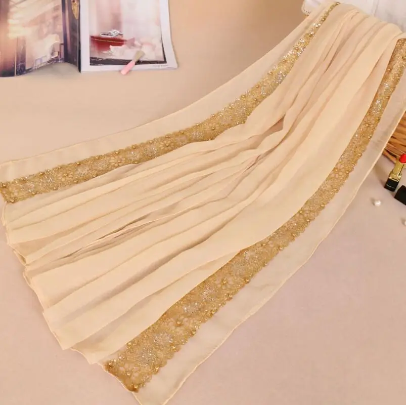 180*85 см мусульманский женский платок кружевной Жемчуг исламский хиджаб Средний