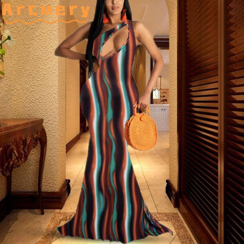 

Women One Shoulder Stripe Printed Sleeveless Maxi Dress