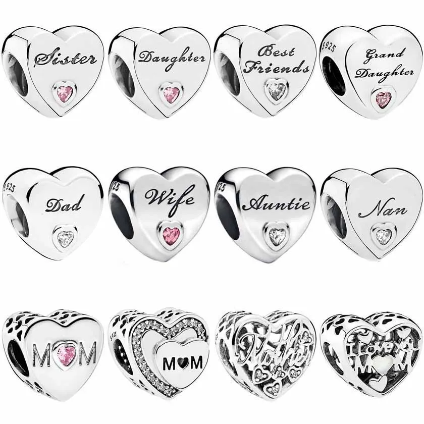 

Mother Sister Grandmother Nan Auntie Wife Dad Daughter Heart Charm 925 Sterling Silver Beads Fit Bracelet pandora DIY Jewelry