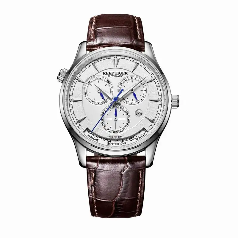 Reef Tiger/RT World Time часы с датой день месяц розовое золото кожаный ремешок часы двойное время Мужские автоматические часы RGA1951 - Цвет: RGA1951YWS