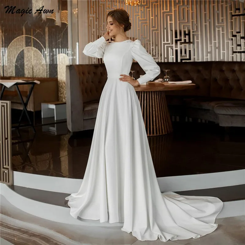 

Magic Awn Elegant Satin Wedding Dresses Full Puffy Sleeves Simple A-Line Country Mariage Gowns Sweep Train Cheap Robe De Mariee