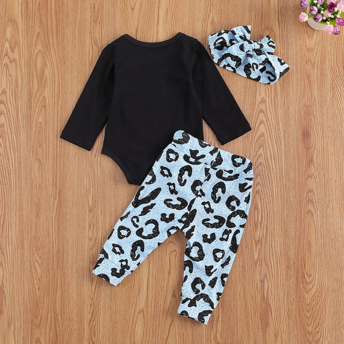 

0-24M Newborn Baby Boy Girl Clothes Set Long Sleeve Letter Print Romper+Leopard Printing Trouser+Headband