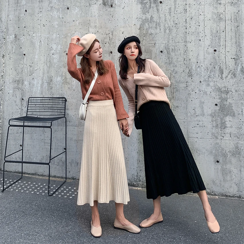 Зимняя женская Плотная юбка-свитер с эластичной высокой талией плиссированная