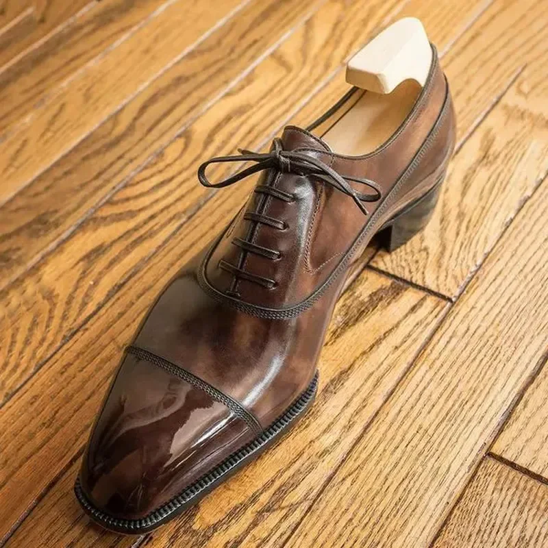 

Туфли дерби мужские с острым носком, ПУ кожа, низкий каблук, удобные классические, на шнуровке, коричневые, KB254, весна-осень