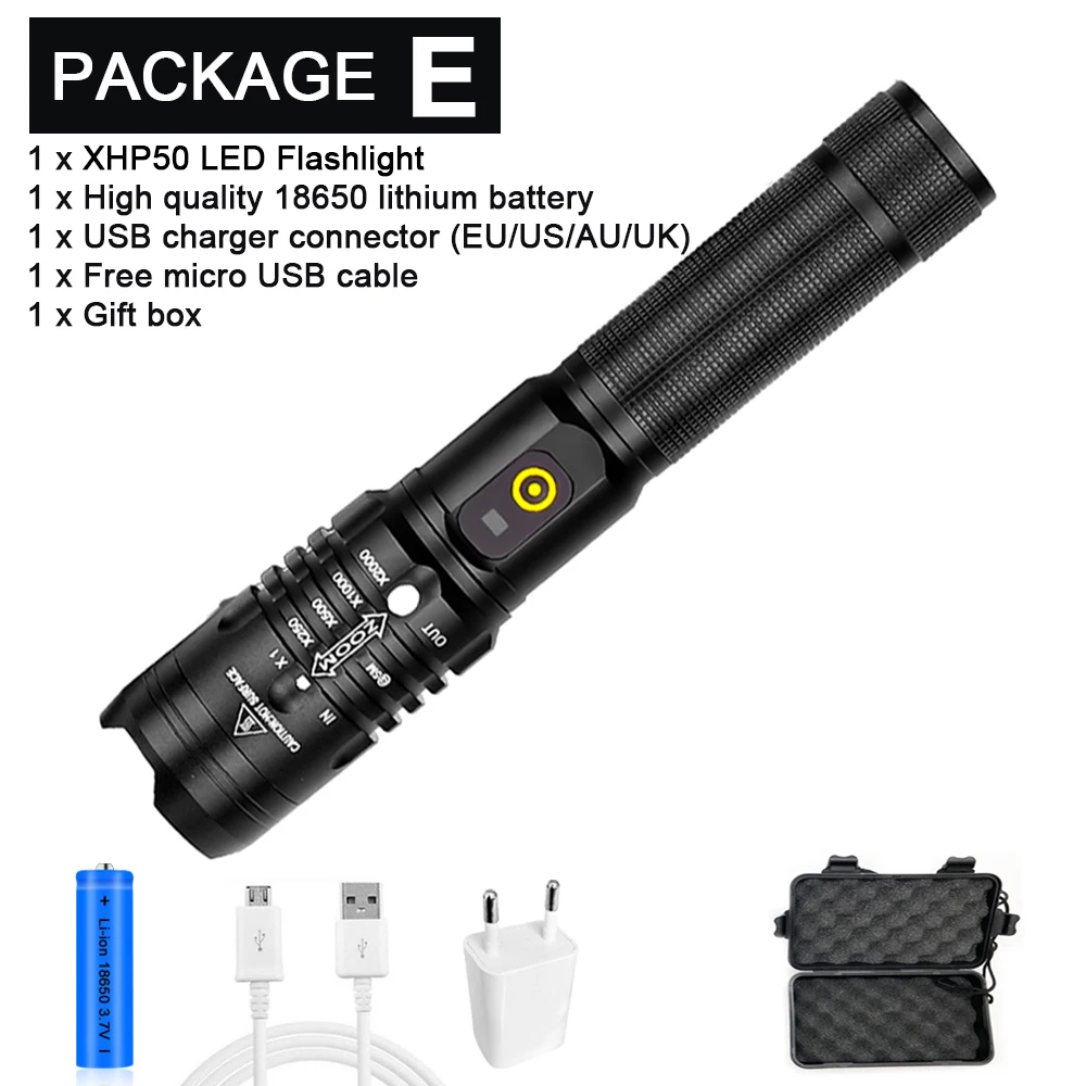 Package E Супер яркий светодиодный фонарь XHP50 с 3 режимами освещения, масштабируемый фонарь, подходит для использования на открытом воздухе, аккумулятор 18650 - Испускаемый цвет: Package E