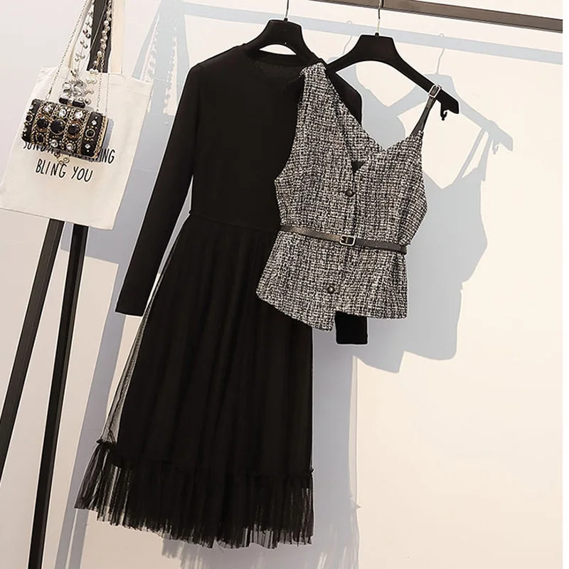 Осенний женский элегантный костюм жилет и платье средней длины с длинным рукавом