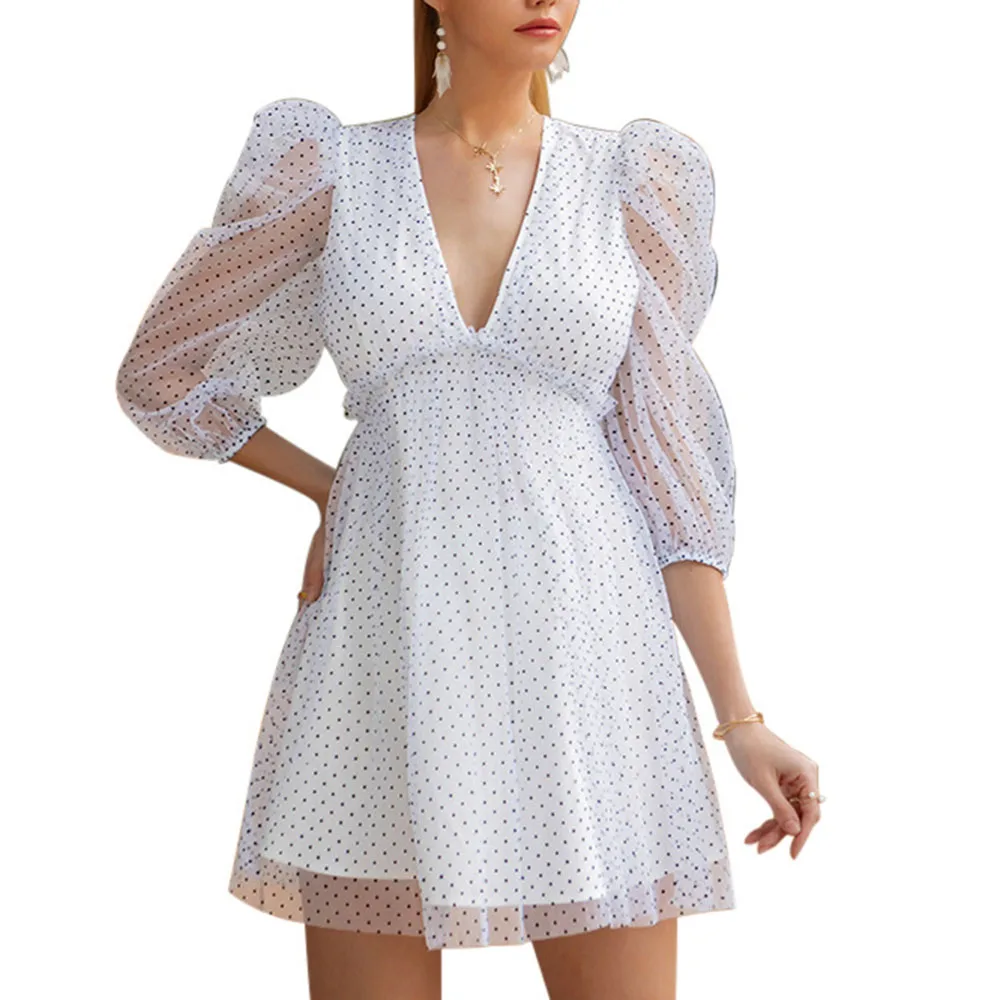 

Western Style Temperament Fashion Women's Dress 2021 Spring Summer Chiffon Wave Point Perspective Puff Sleeve V-neck