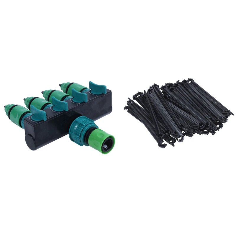 

1Set 4-Way Tap Hose Splitter Garden Drip 4/7 Or 8/11 Hose With 50Pcs C-Shaped Garden 4/7Mm Drip Irrigation Pipe Bracket