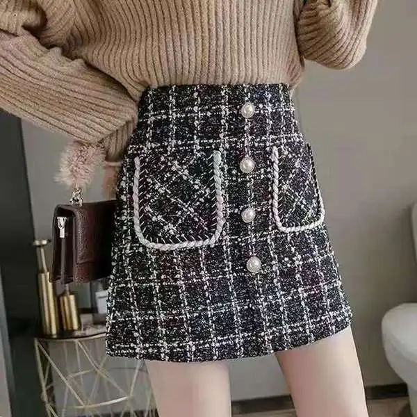 Твидовые женские юбки на осень и зиму новые клетчатые трапециевидные с высокой