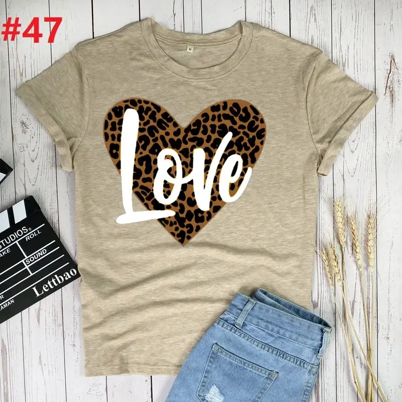 

Leopard Love Heart Printed T-shirts Women 2021 Shirts for Women Casual Aesthetic Clothes Crew Neck Ladies Top Female