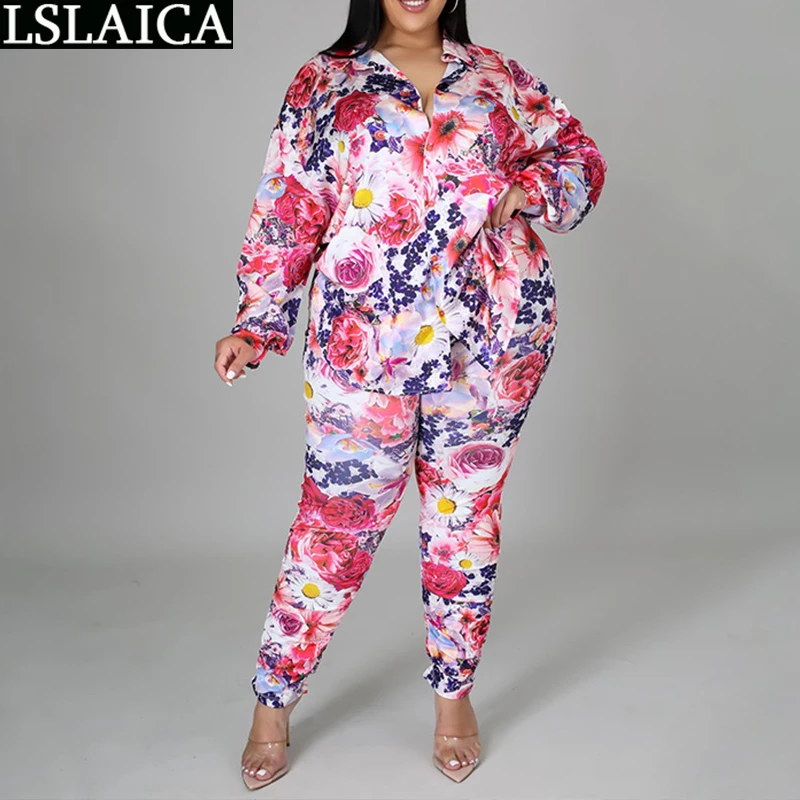 

Women Sets Pants and Top Elegant Long Sleeve Shirt Turn-down Collar Elastic Waist Trouser Suit Plus Size XL-4XL Printed 2 Pieces