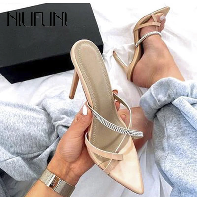 

Rhinestone Pointed Clip Toe Women Sandals Size 35-41 Stiletto High Heels NIUFUNI Woman Slippers Ladies Shoes Dress Party Slides