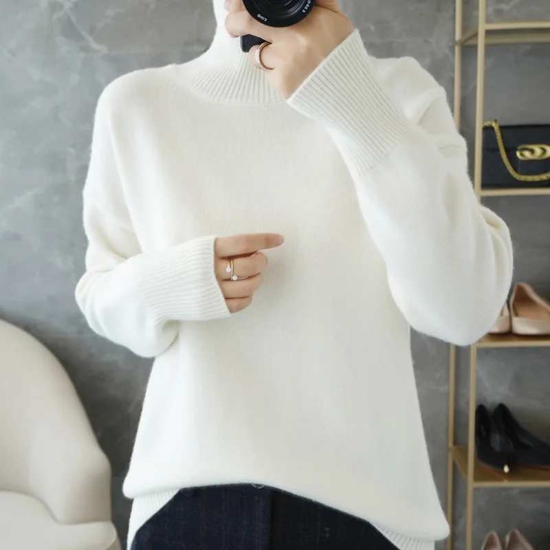 

100% Pure Wool New Cashmere Sweater Woman High Neck Solid Color Pullover Fashion Plus Size Warm Knitted Bottoming Shirt