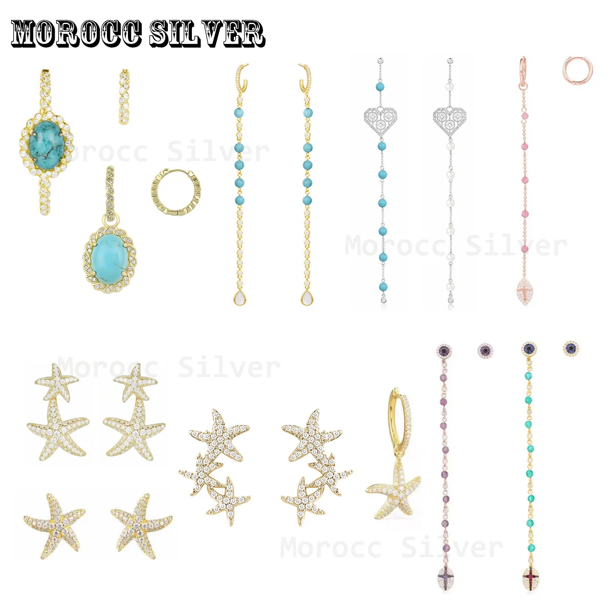

S925 silver 1:1 imitation, Gold Starfish Turquoise Earrings, Moroccan fashion women's jewelry