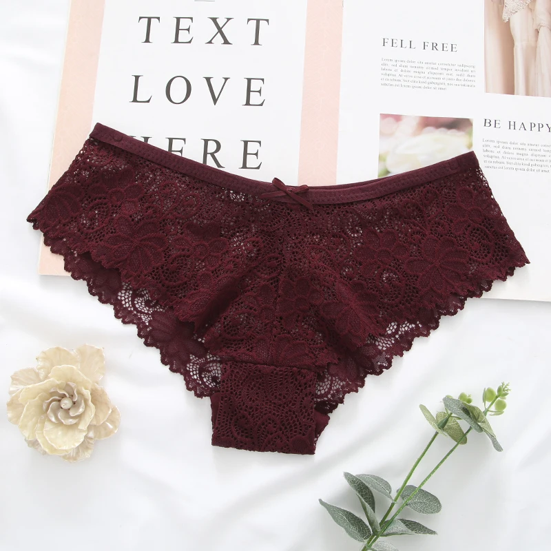 Wine red Женское сексуальное нижнее белье с цветочным кружевом для женщин трусы сексуальные трусики прозрачные трусы с бантом центр низкая талия - Цвет: Wine red