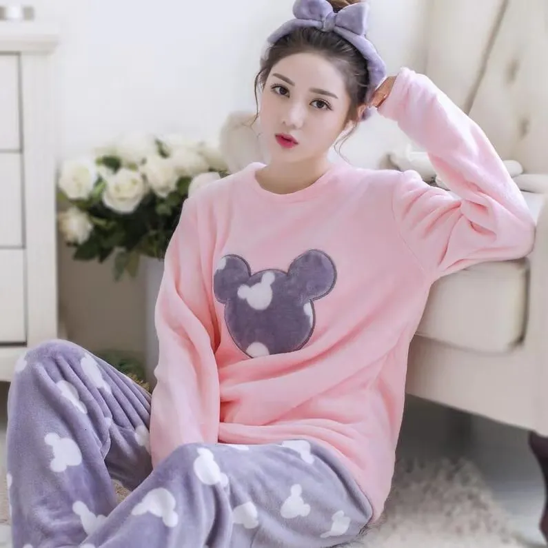 pajamas Зимние теплые пижамы для женщин с длинным рукавом, толстые коралловые бархатные пижамные комплекты, цветочные фланелевые бархатные пижамы Feminino Pijama Mujer - Цвет: pajamas