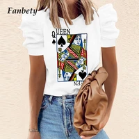 casual spring poker print loose blouses shirts elegant summer office lady simple tops fashion women short puff sleeve blusas 2xl