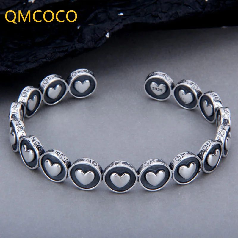 

QMCOCO 925 Серебряный классический браслет модный винтажный панк в форме сердца тайский серебряный женский мужской браслет ручной работы ювели...