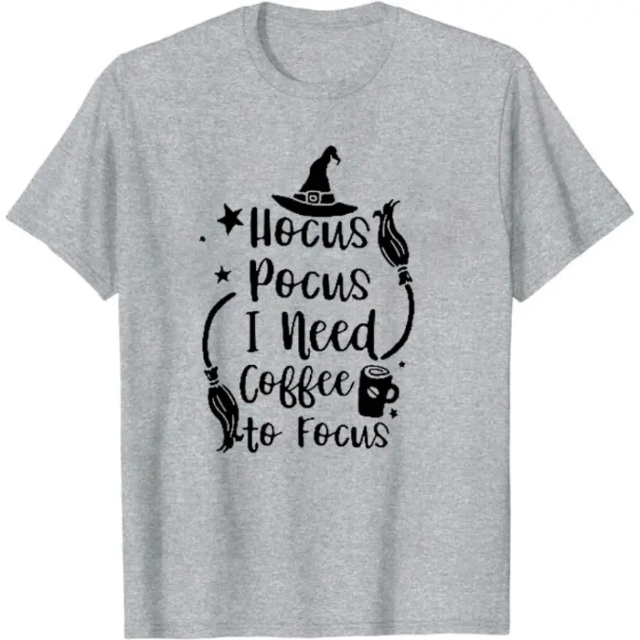 

Coffee and Witch Hat Printed T-Shirt Casual Letter Printed Hocus Pocus Halloween Graphic Tee Shirt