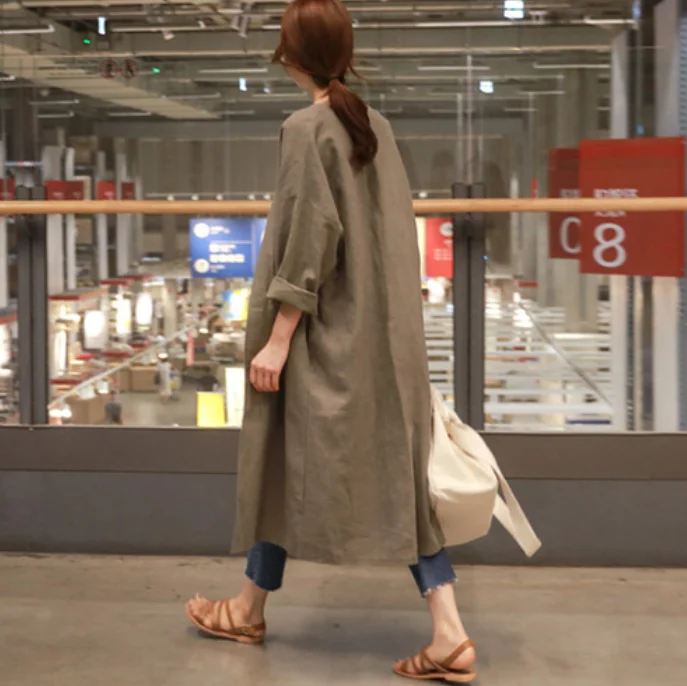 

New S-2 XL Spring Autumn Women Jacket fashion long oversize Cotton Linen Outwear women dresses Loose Coat female Windbreaker