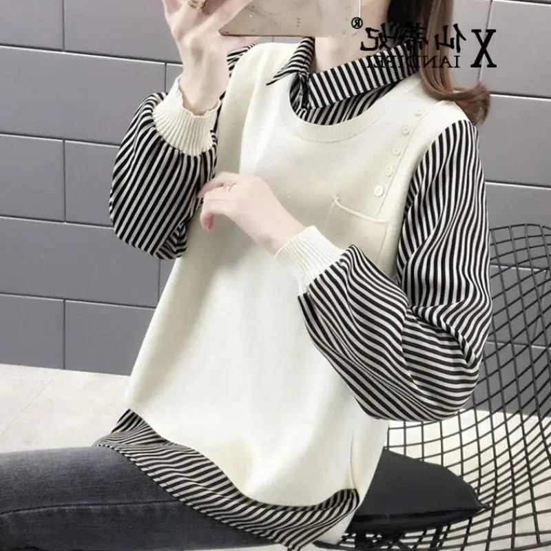 

Fake two-piece shirt collar sweater autumn and winter women's 2020 new fashion loose Joker outer shirt knitted base shirt