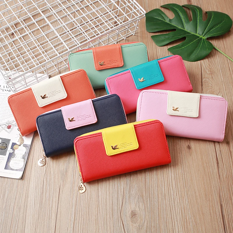

Birds Pattern Women Wallet Pu Leather Durable Case Long Zip Button Card Purse Female Card Holder Casual Style Multipurpose