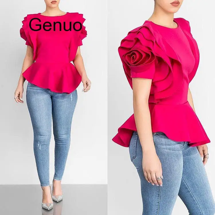 Women Blouse Tops Shirt Layers Petal Sleeves Elegant Fashion Spring Summer Rose Red Blue Black White Bluas Ruffles Classy Lady