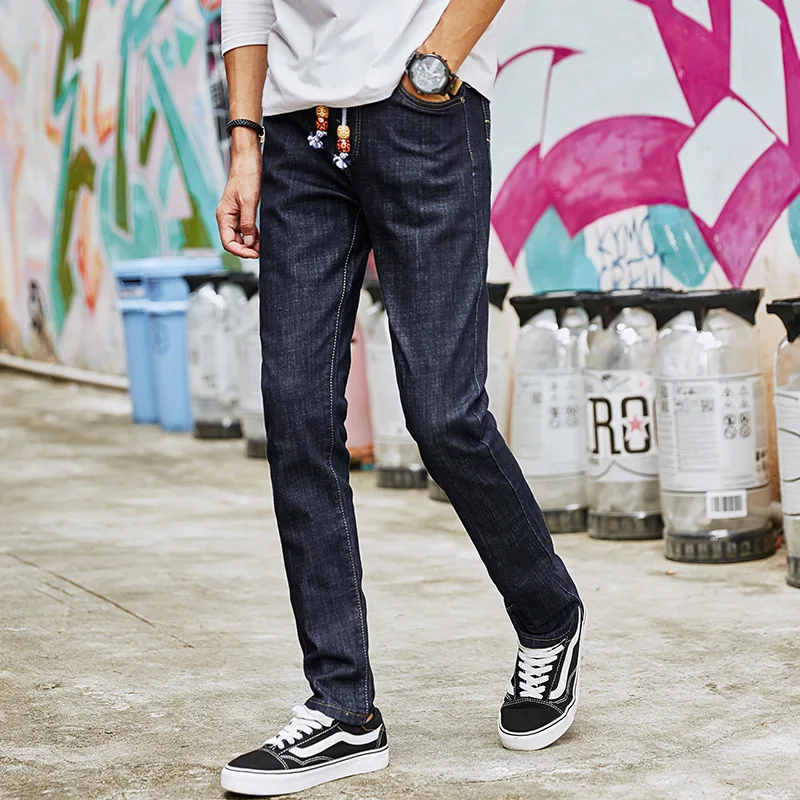 

elastic elastic waist slim casual black jeans Hanchao lace up medium high waist small straight pants wear resistant