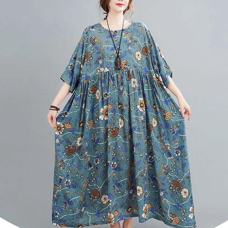 Plus Size Linen Beach Maxi Dresse Vintage Cotton Women Dress Robe Female Floral Printed Boho Summer Dresses 4XL 5XL 6XL | Женская одежда