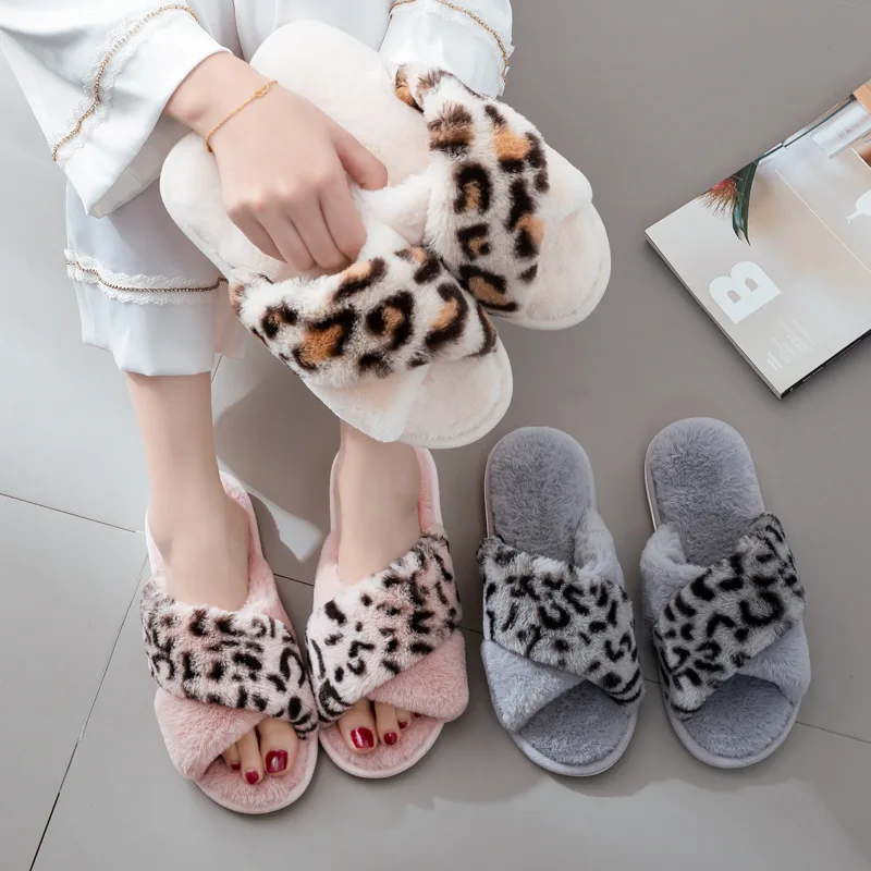 New Home Leopard Print Cross Hair Slippers Women European and American Ins Wind Breathable Plush Floor Cotton Slippers Women