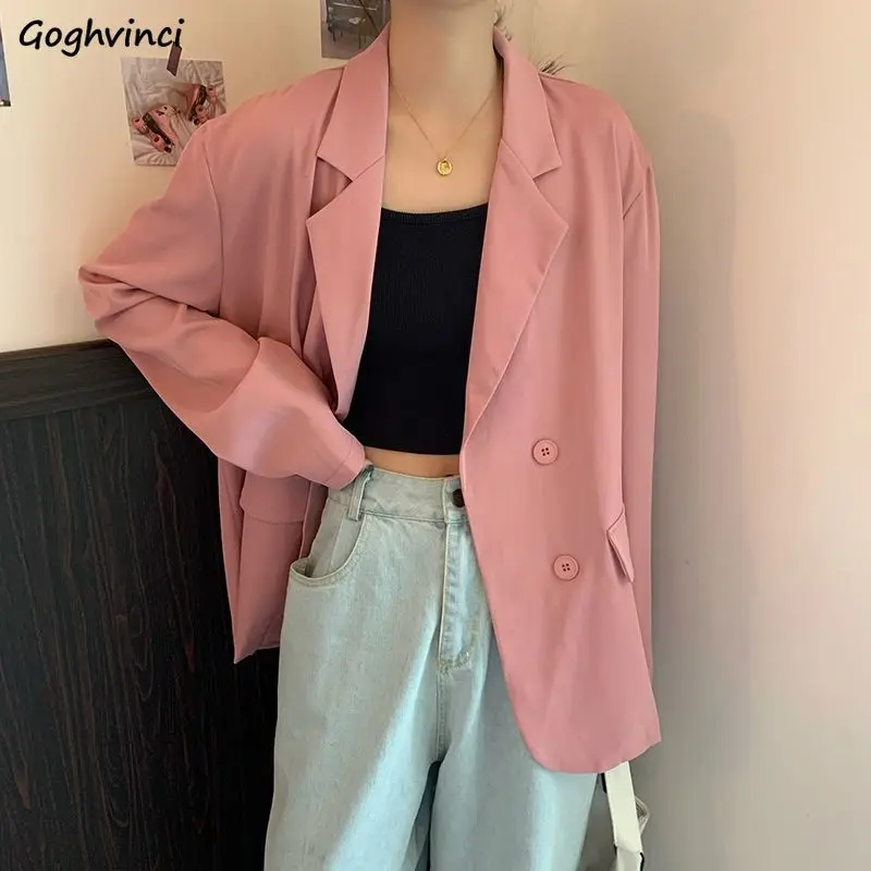 

Blazers Women Spring Solid Drape Leisure Elegant Fashion Ulzzang Chic Retro Streetwear Double Breasted Long Simple Harajuku Cozy