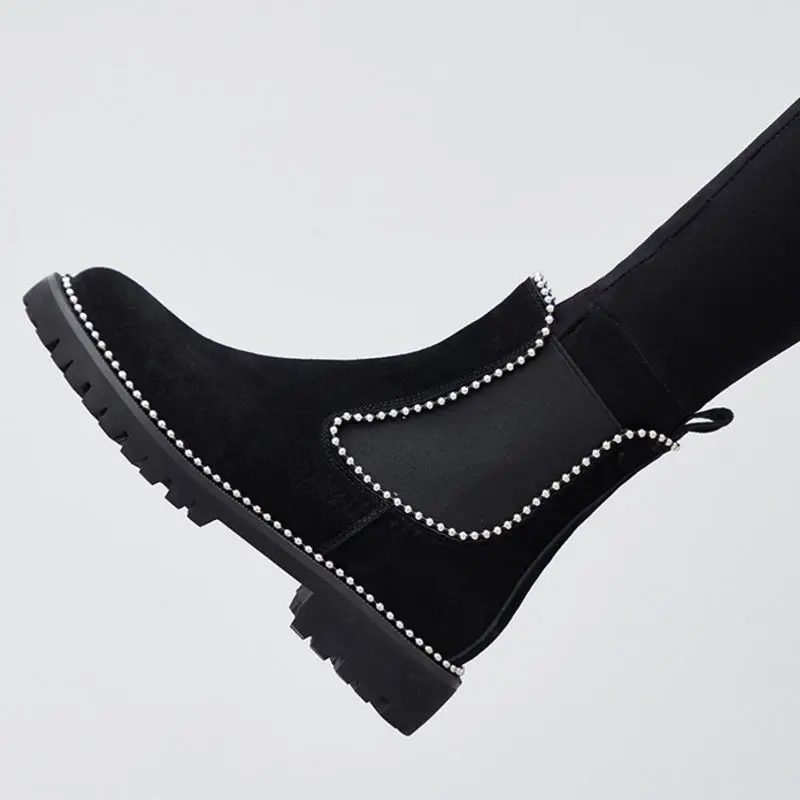 Taoffen Size 34-41 Women Genuine Leather Beads Ankle Boots Chelsea Office Work Party Casual Short Boots Flats Daily Footwear